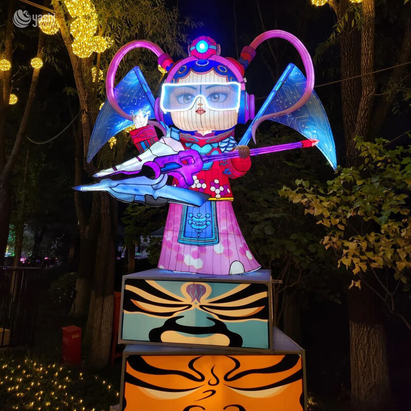 Custom Cyber‑Peking Opera Character LED Lantern, Chinese Traditional Opera with Futuristic Tech Style Light Sculpture for Cultural Park Show