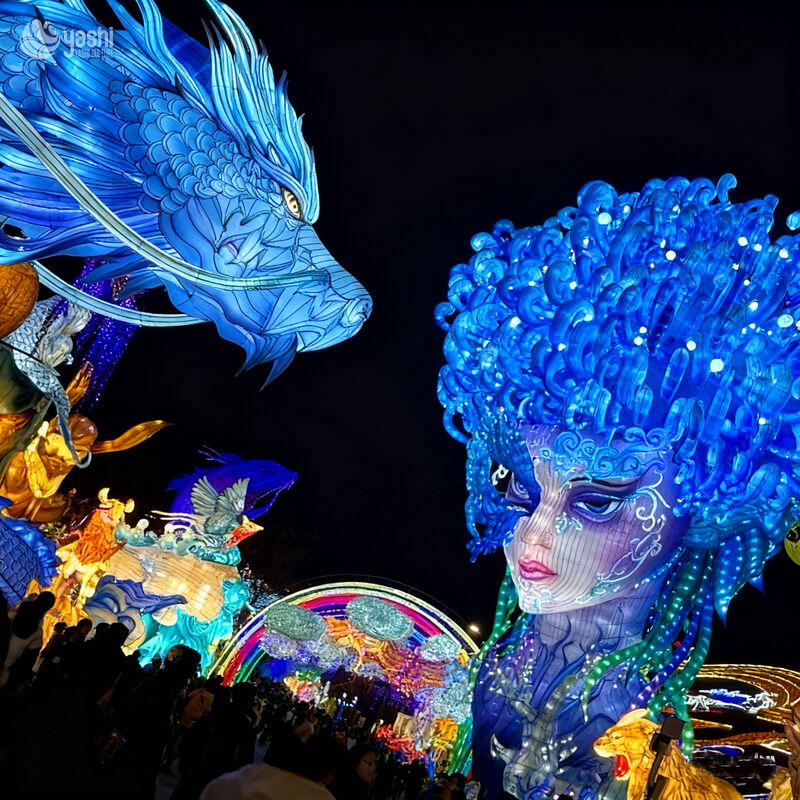Custom Mystical Blue Ocean Goddess & Sea Dragon Zigong Lantern, Fantasy Character LED Light Sculpture, Waterproof Outdoor Theme Park Light Installation