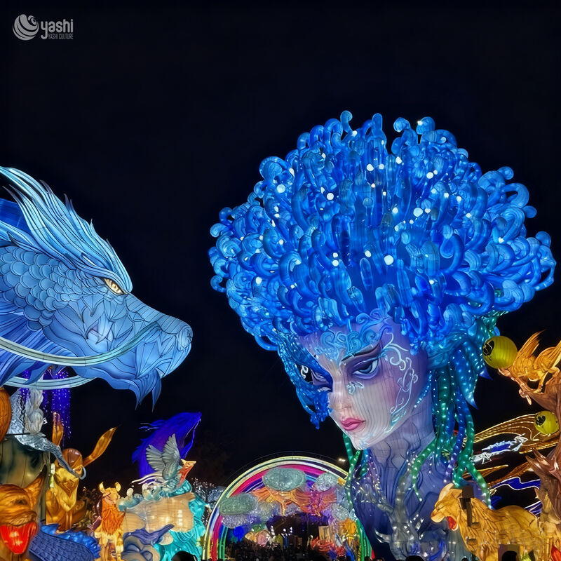 Custom Mystical Blue Ocean Goddess & Sea Dragon Zigong Lantern, Fantasy Character LED Light Sculpture, Waterproof Outdoor Theme Park Light Installation