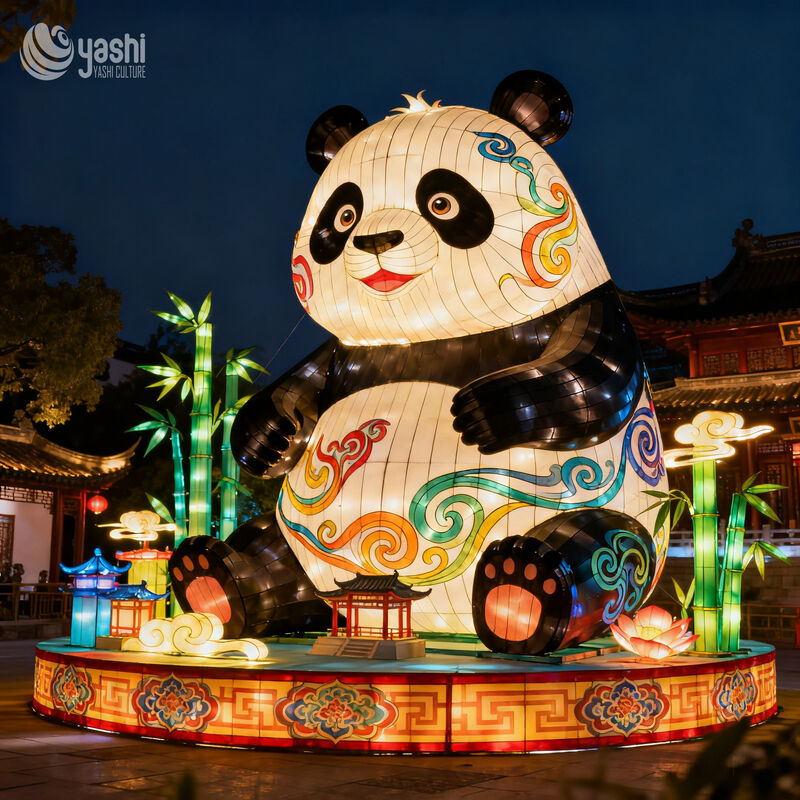 Custom Giant Panda Zigong Lantern, Colorful Traditional Pattern Panda LED Light Sculpture with Bamboo Base, Waterproof Outdoor Cultural Festival Light Installation