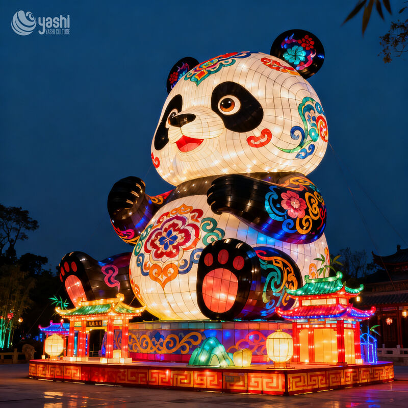 Custom Giant Panda Zigong Lantern, Colorful Traditional Pattern Panda LED Light Sculpture with Bamboo Base, Waterproof Outdoor Cultural Festival Light Installation