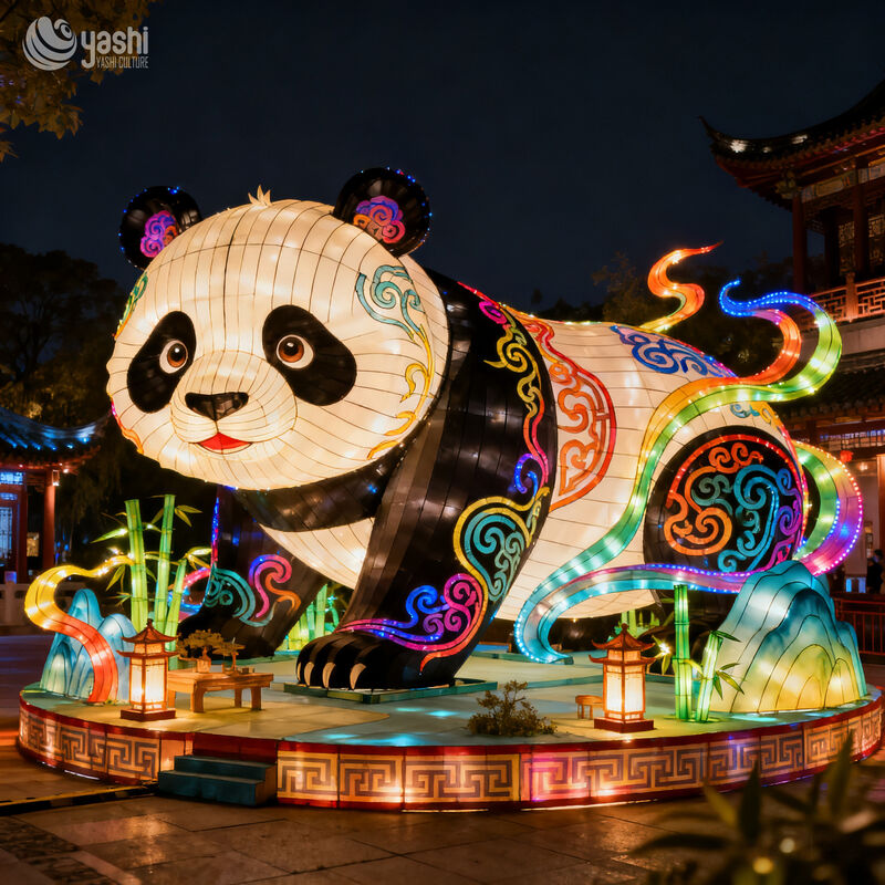 Custom Giant Panda Zigong Lantern, Colorful Traditional Pattern Panda LED Light Sculpture with Bamboo Base, Waterproof Outdoor Cultural Festival Light Installation