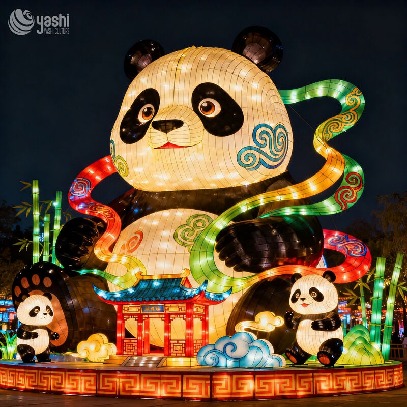 Custom Giant Panda Zigong Lantern, Colorful Traditional Pattern Panda LED Light Sculpture with Bamboo Base, Waterproof Outdoor Cultural Festival Light Installation