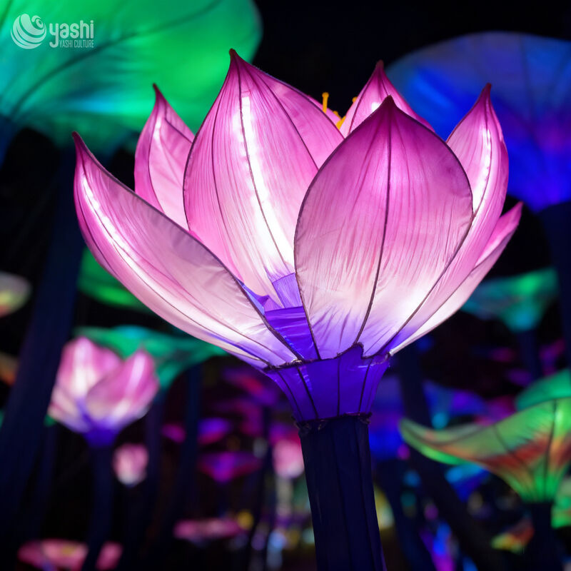 Custom Colorful Lotus & Lotus Leaf Path Lantern, LED Flower Light Decoration for Garden Walkway, Scenic Spot and Lantern Festival