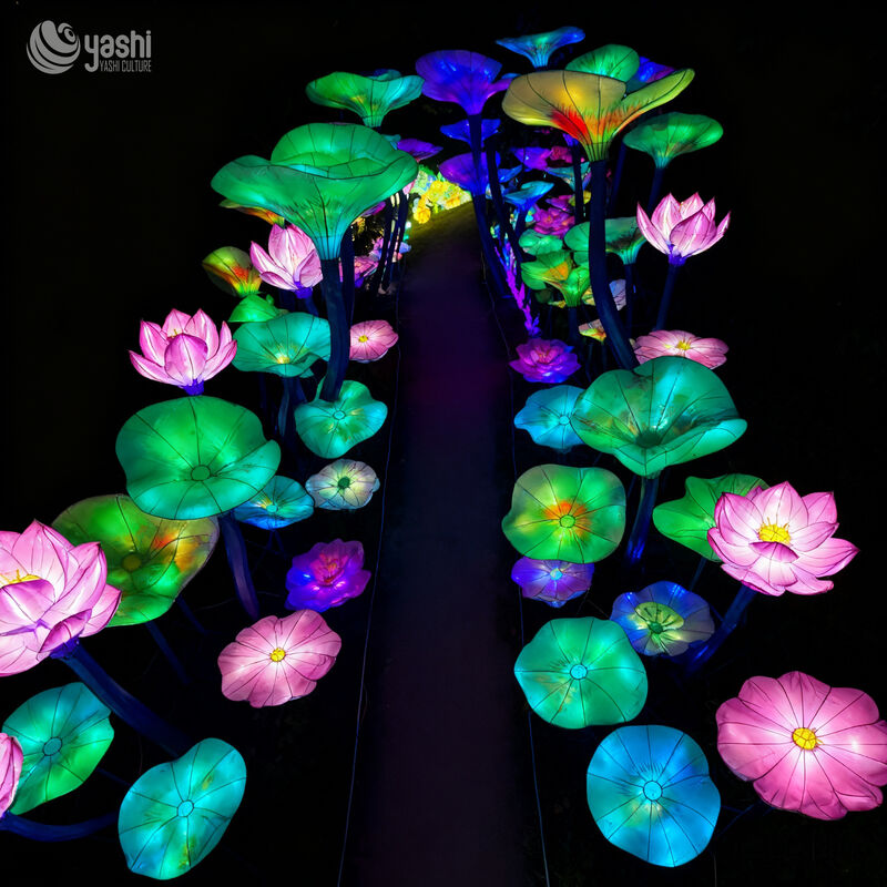 Custom Colorful Lotus & Lotus Leaf Path Lantern, LED Flower Light Decoration for Garden Walkway, Scenic Spot and Lantern Festival