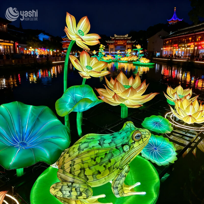 Custom Frog & Lotus Lantern Set, Water‑Surface Aquatic Animal LED Light Sculpture For Lake Pond Park Light Festival