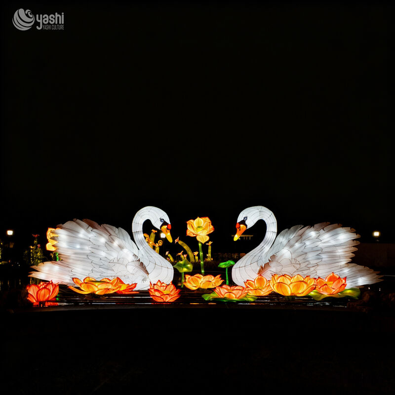 Custom Floating White Swan & Lotus Lantern Set, Waterproof Water Surface LED Light Sculpture for Lake Park Night Light Festival