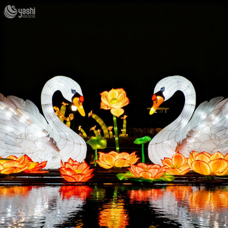 Custom Floating White Swan & Lotus Lantern Set, Waterproof Water Surface LED Light Sculpture for Lake Park Night Light Festival