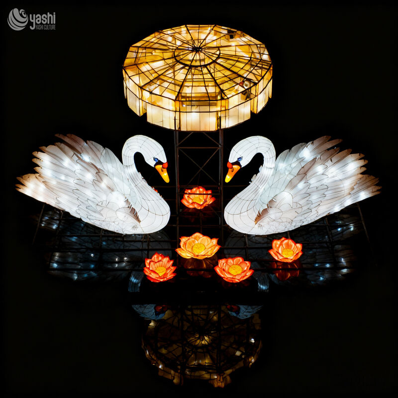 Custom Floating White Swan & Lotus Lantern Set, Waterproof Water Surface LED Light Sculpture for Lake Park Night Light Festival