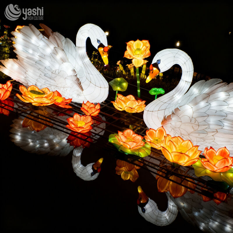Custom Floating White Swan & Lotus Lantern Set, Waterproof Water Surface LED Light Sculpture for Lake Park Night Light Festival