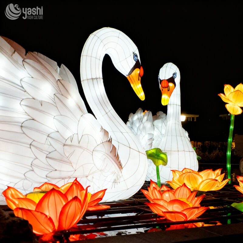 Custom Floating White Swan & Lotus Lantern Set, Waterproof Water Surface LED Light Sculpture for Lake Park Night Light Festival