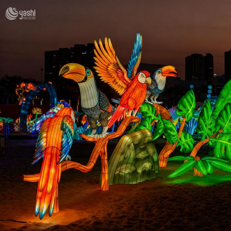 Custom Tropical Bird Lantern Group, Macaw & Toucan Parrot LED Light Sculpture With Jungle Foliage for Outdoor Theme Park Light Exhibition