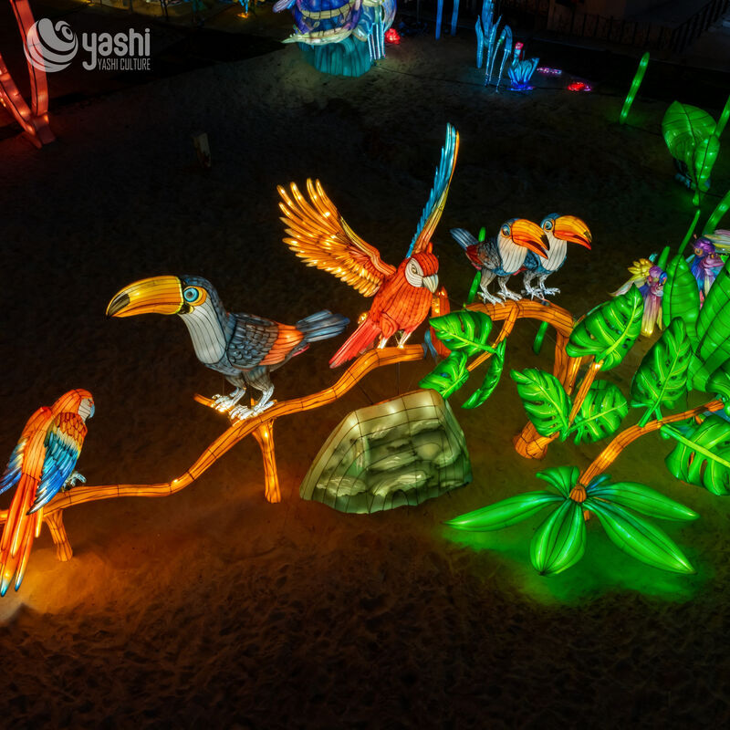 Custom Tropical Bird Lantern Group, Macaw & Toucan Parrot LED Light Sculpture With Jungle Foliage for Outdoor Theme Park Light Exhibition