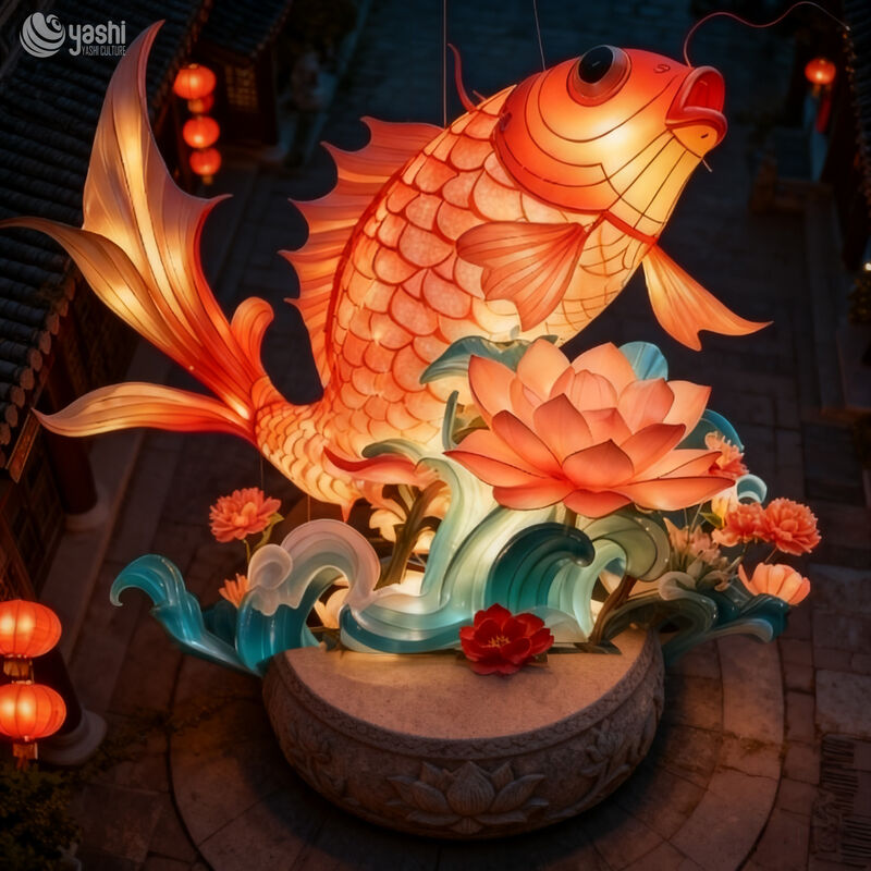 Custom Giant Koi Fish Lantern, Chinese Traditional Carp LED Light Sculpture With Wave & Lotus Base for New Year Park Light Festival