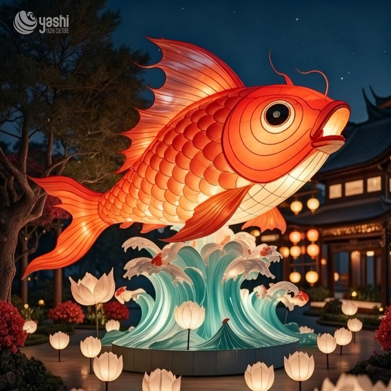Custom Giant Koi Fish Lantern, Chinese Traditional Carp LED Light Sculpture With Wave & Lotus Base for New Year Park Light Festival