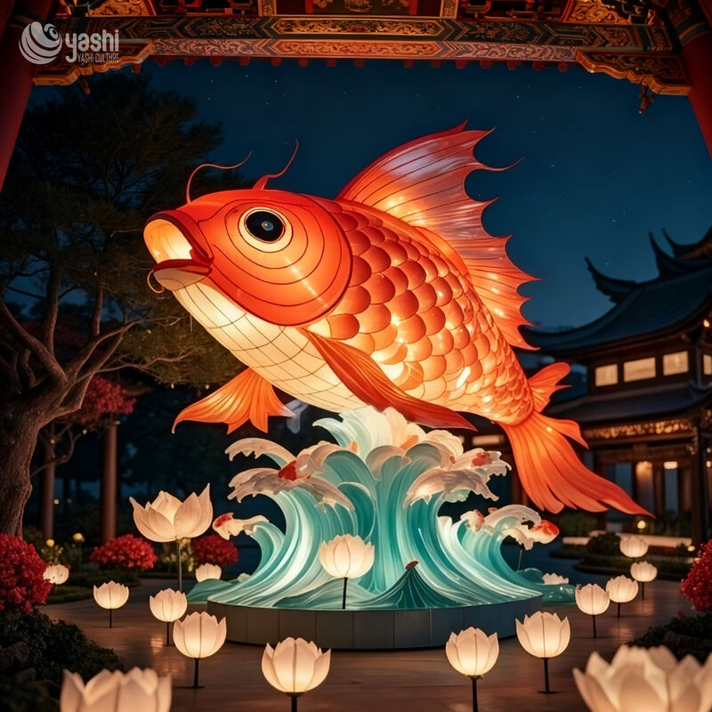 Custom Giant Koi Fish Lantern, Chinese Traditional Carp LED Light Sculpture With Wave & Lotus Base for New Year Park Light Festival