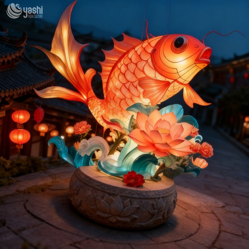 Custom Giant Koi Fish Lantern, Chinese Traditional Carp LED Light Sculpture With Wave & Lotus Base for New Year Park Light Festival