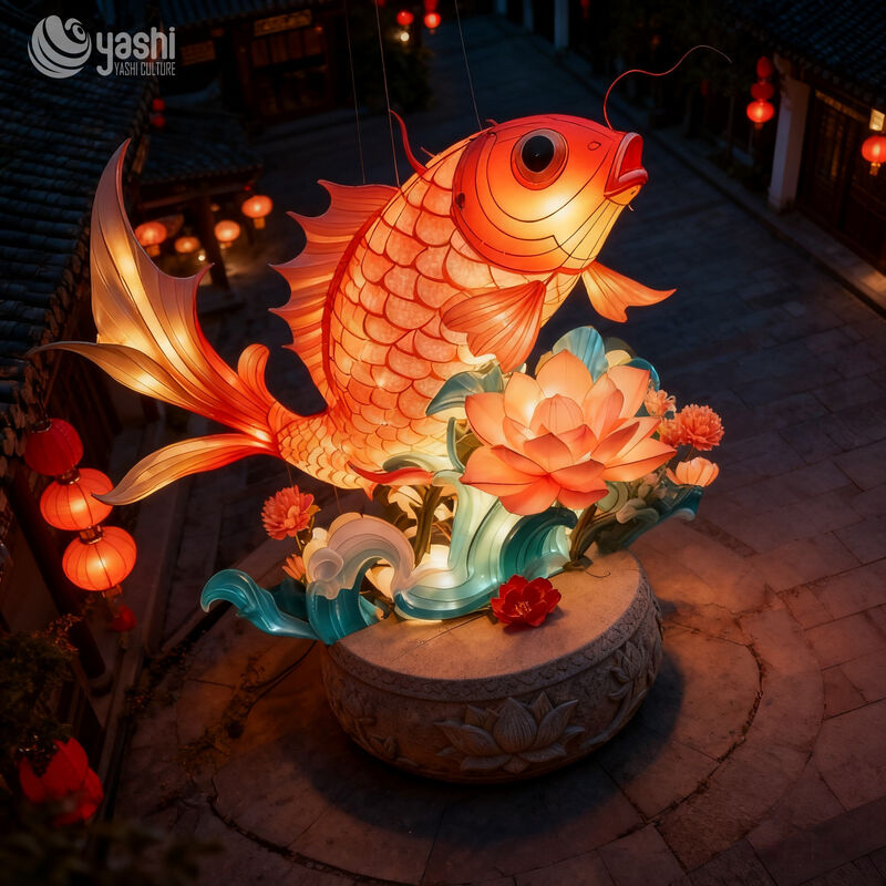 Custom Giant Koi Fish Lantern, Chinese Traditional Carp LED Light Sculpture With Wave & Lotus Base for New Year Park Light Festival