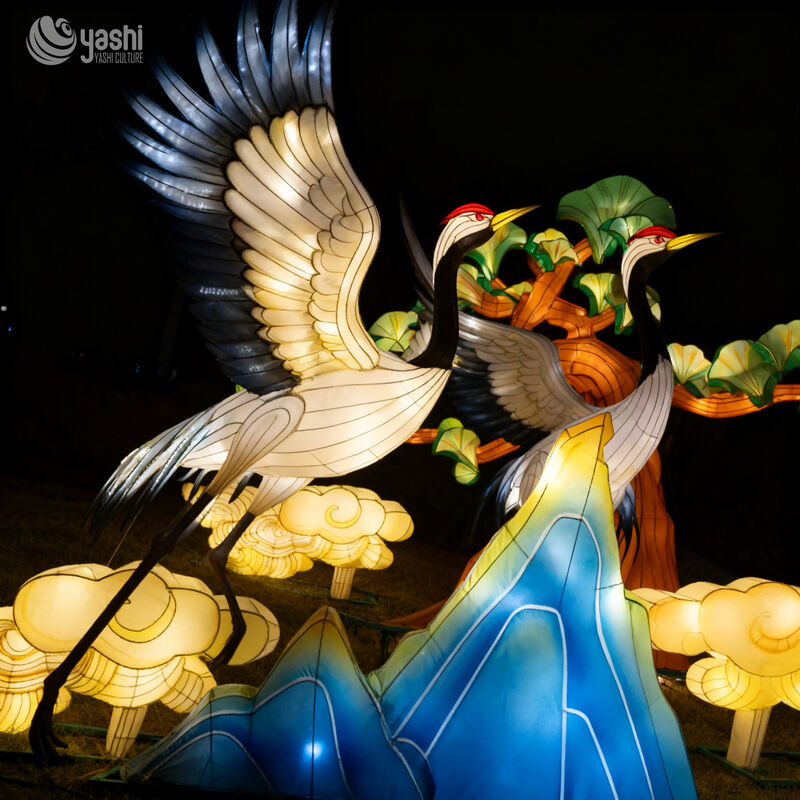 Custom Red‑Crowned Crane Lantern Set, Traditional Chinese Bird LED Light Sculpture With Pine Tree Cloud Mountain for Spring Festival Light Show
