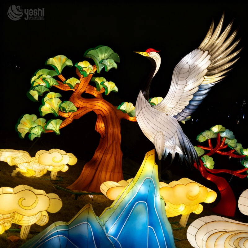 Custom Red‑Crowned Crane Lantern Set, Traditional Chinese Bird LED Light Sculpture With Pine Tree Cloud Mountain for Spring Festival Light Show