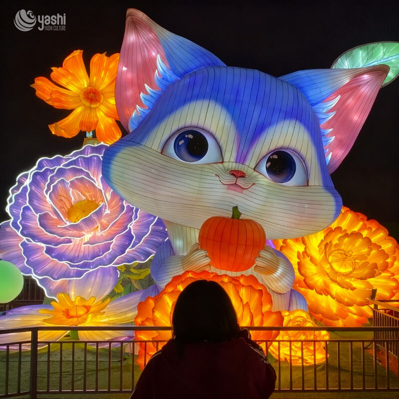 Custom Cartoon Cat Lantern With Pumpkin & Giant Flower Decor, Cute Animal LED Light Sculpture for Family‑Friendly Theme Park & Night Light Festival