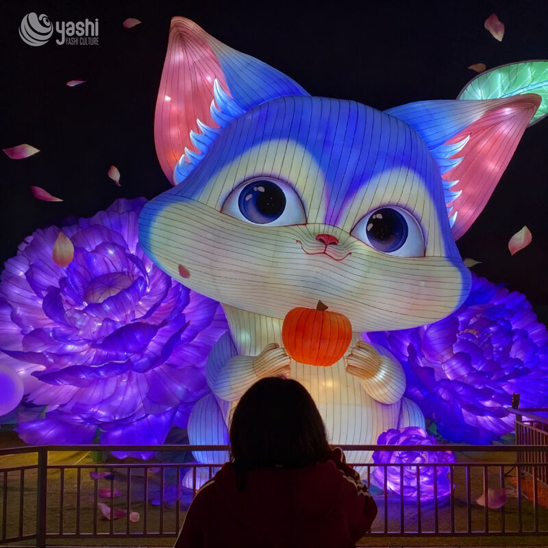 Custom Cartoon Cat Lantern With Pumpkin & Giant Flower Decor, Cute Animal LED Light Sculpture for Family‑Friendly Theme Park & Night Light Festival