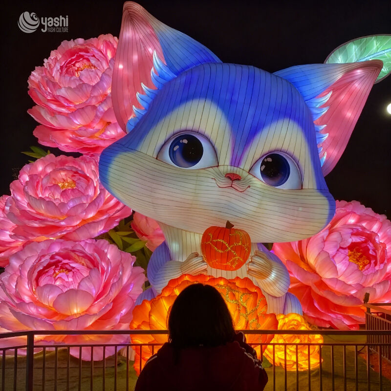 Custom Cartoon Cat Lantern With Pumpkin & Giant Flower Decor, Cute Animal LED Light Sculpture for Family‑Friendly Theme Park & Night Light Festival