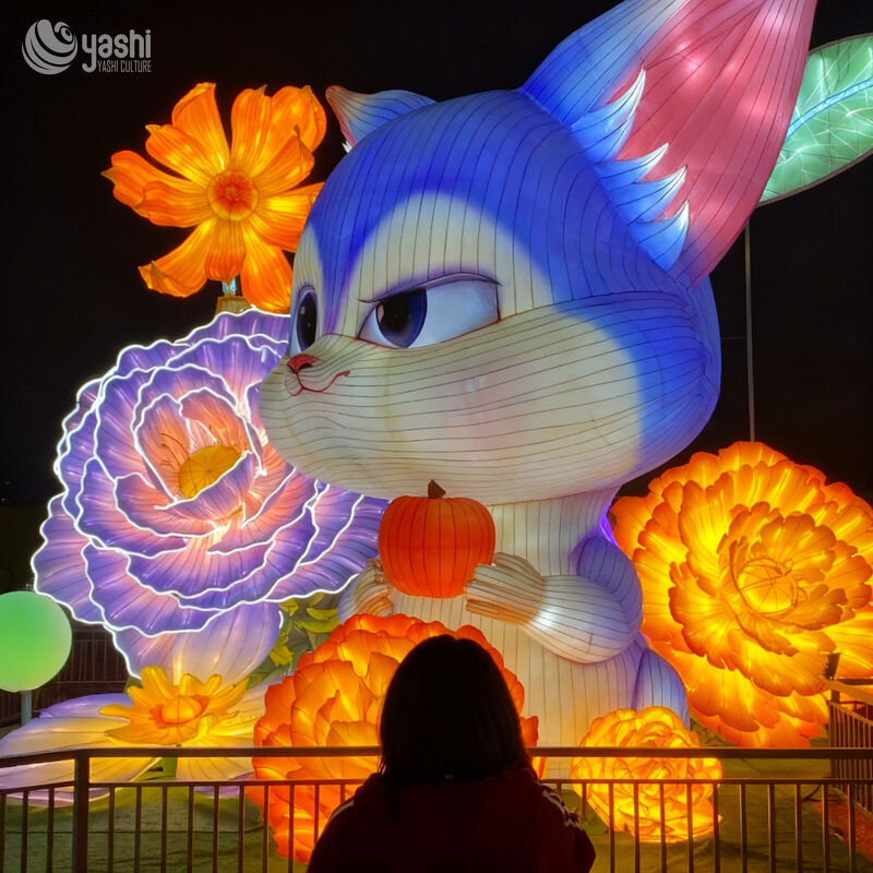 Custom Cartoon Cat Lantern With Pumpkin & Giant Flower Decor, Cute Animal LED Light Sculpture for Family‑Friendly Theme Park & Night Light Festival