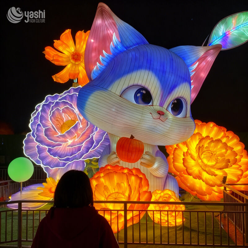 Custom Cartoon Cat Lantern With Pumpkin & Giant Flower Decor, Cute Animal LED Light Sculpture for Family‑Friendly Theme Park & Night Light Festival
