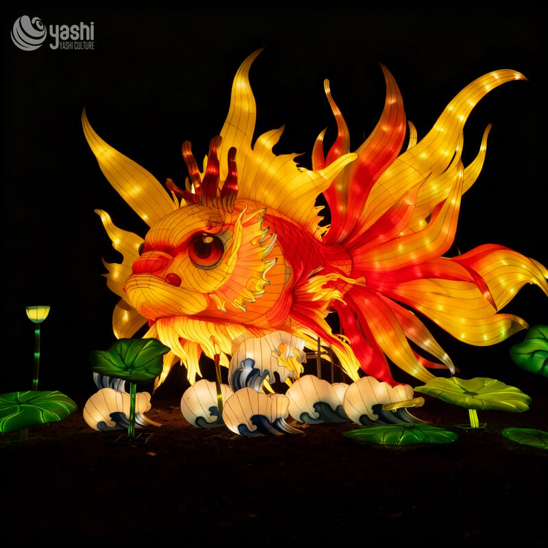 Custom Chinese Mythical Dragon‑Fish Lantern, Giant Koi Dragon LED Light Sculpture With Lotus & Wave for Lunar New Year Light Festival