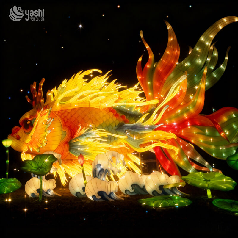 Custom Chinese Mythical Dragon‑Fish Lantern, Giant Koi Dragon LED Light Sculpture With Lotus & Wave for Lunar New Year Light Festival