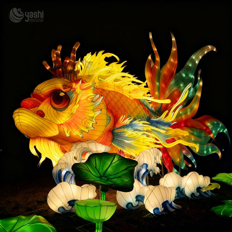 Custom Chinese Mythical Dragon‑Fish Lantern, Giant Koi Dragon LED Light Sculpture With Lotus & Wave for Lunar New Year Light Festival