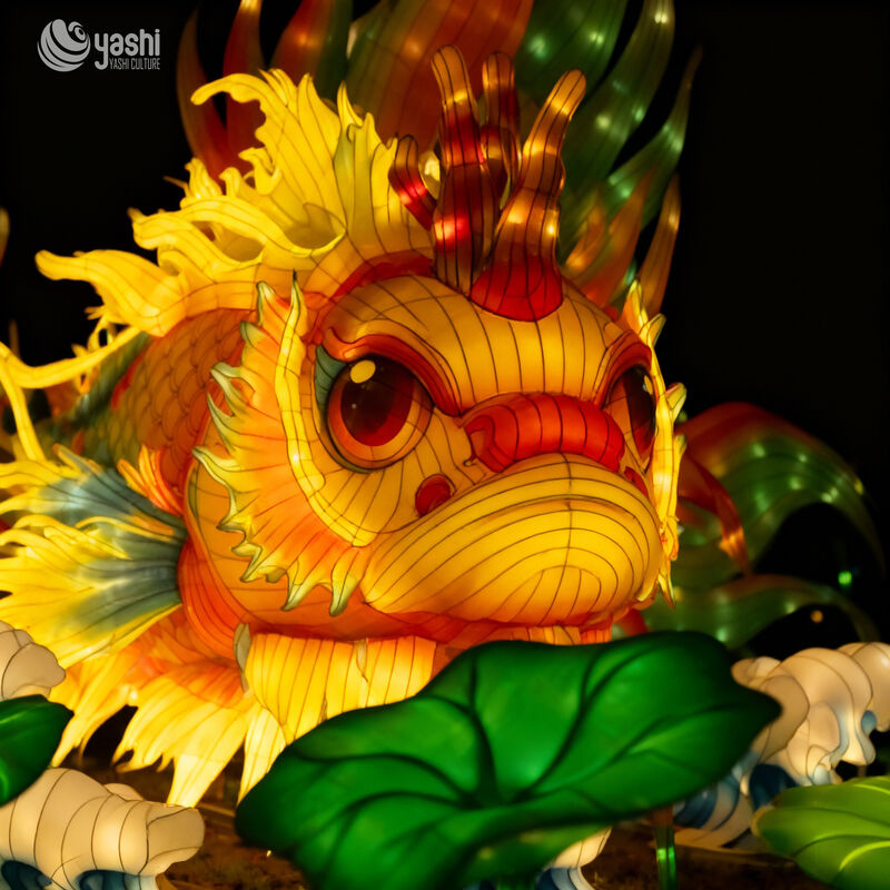 Custom Chinese Mythical Dragon‑Fish Lantern, Giant Koi Dragon LED Light Sculpture With Lotus & Wave for Lunar New Year Light Festival