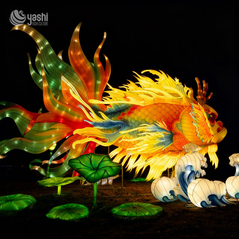 Custom Chinese Mythical Dragon‑Fish Lantern, Giant Koi Dragon LED Light Sculpture With Lotus & Wave for Lunar New Year Light Festival