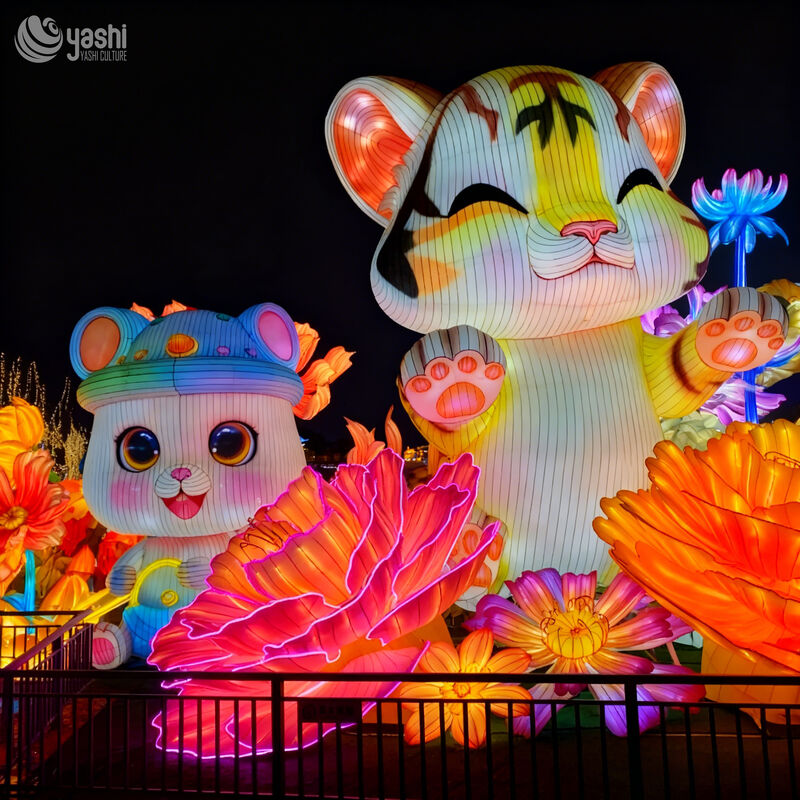 Custom Cartoon Tiger & Cat Lantern Set, Cute Zodiac Animal LED Light Sculpture With Peony Flower for Spring Festival Park Light Exhibition