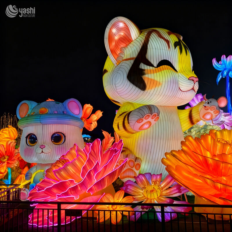 Custom Cartoon Tiger & Cat Lantern Set, Cute Zodiac Animal LED Light Sculpture With Peony Flower for Spring Festival Park Light Exhibition