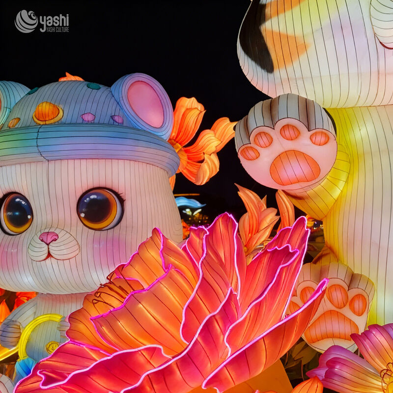 Custom Cartoon Tiger & Cat Lantern Set, Cute Zodiac Animal LED Light Sculpture With Peony Flower for Spring Festival Park Light Exhibition