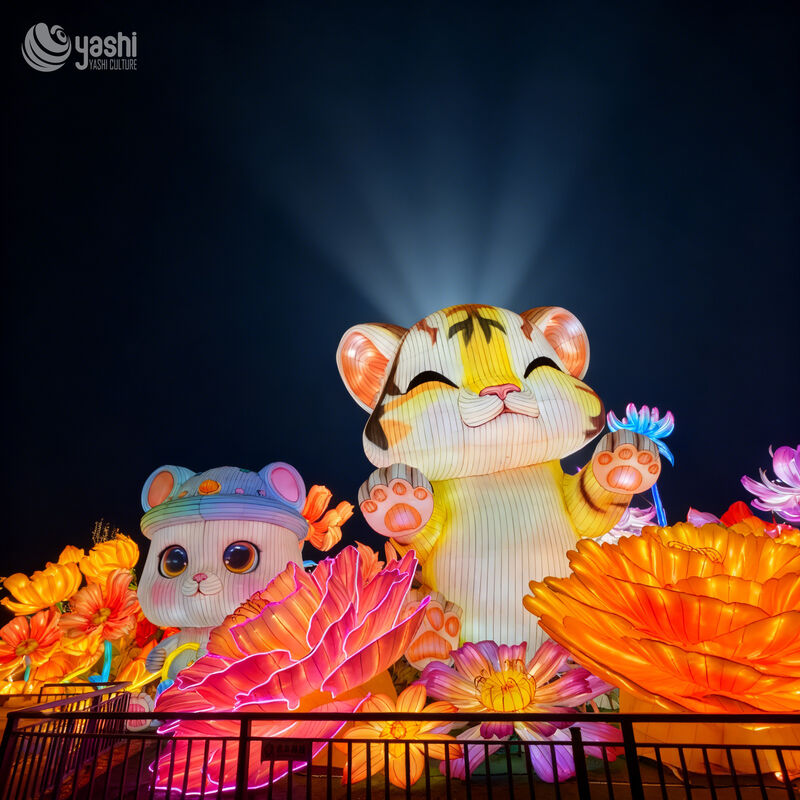 Custom Cartoon Tiger & Cat Lantern Set, Cute Zodiac Animal LED Light Sculpture With Peony Flower for Spring Festival Park Light Exhibition