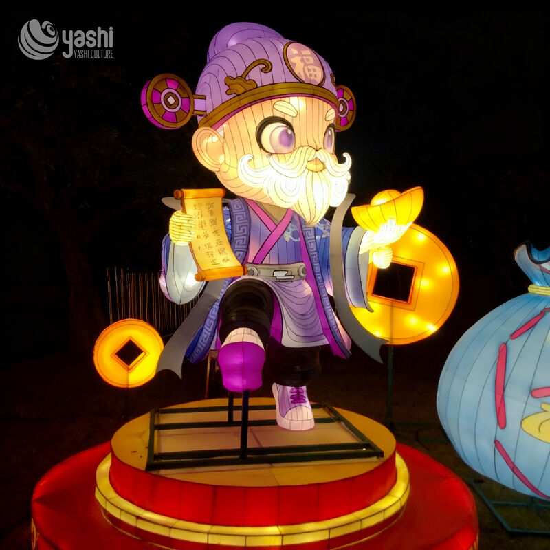 Custom Cartoon God of Wealth Lantern, Chinese New Year Fortune Character LED Light Sculpture With Glowing Gold Coins for Mall & Park Festival Display
