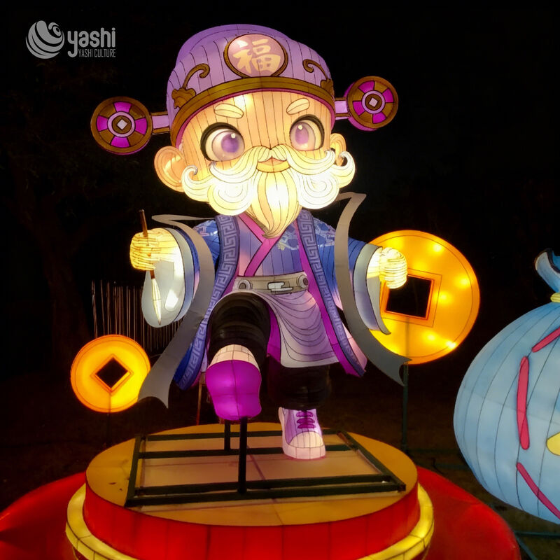 Custom Cartoon God of Wealth Lantern, Chinese New Year Fortune Character LED Light Sculpture With Glowing Gold Coins for Mall & Park Festival Display