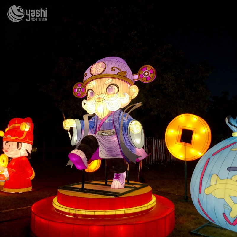 Custom Cartoon God of Wealth Lantern, Chinese New Year Fortune Character LED Light Sculpture With Glowing Gold Coins for Mall & Park Festival Display