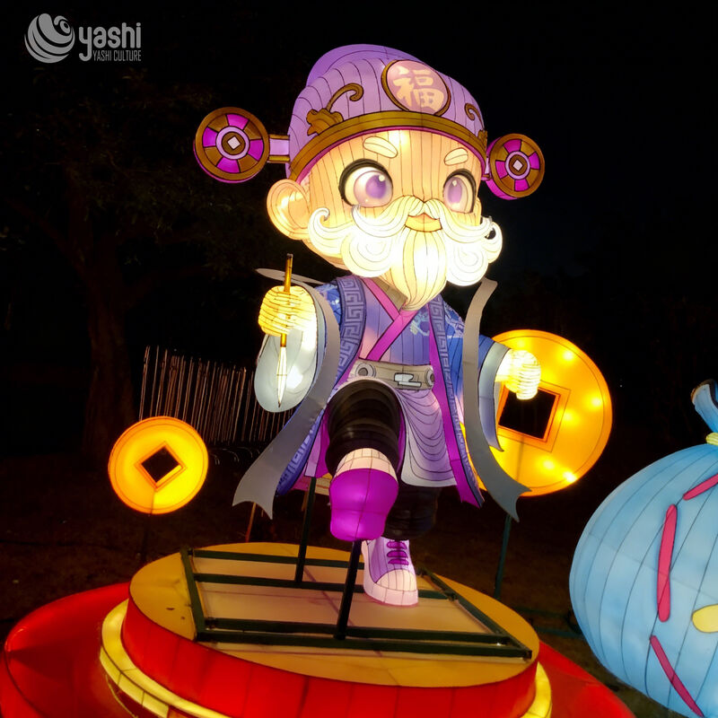 Custom Cartoon God of Wealth Lantern, Chinese New Year Fortune Character LED Light Sculpture With Glowing Gold Coins for Mall & Park Festival Display