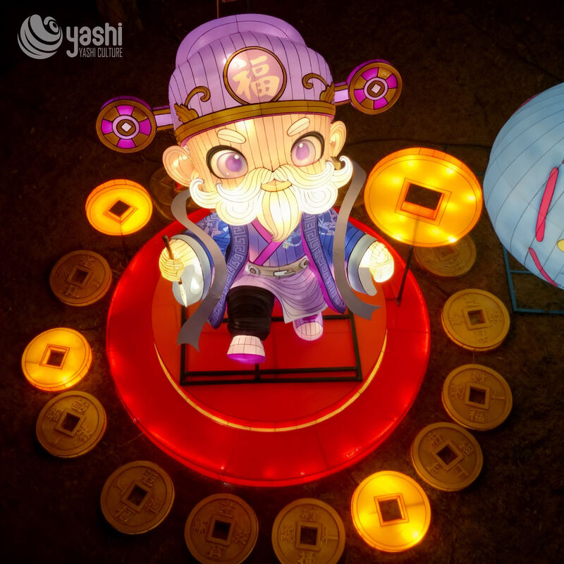 Custom Cartoon God of Wealth Lantern, Chinese New Year Fortune Character LED Light Sculpture With Glowing Gold Coins for Mall & Park Festival Display
