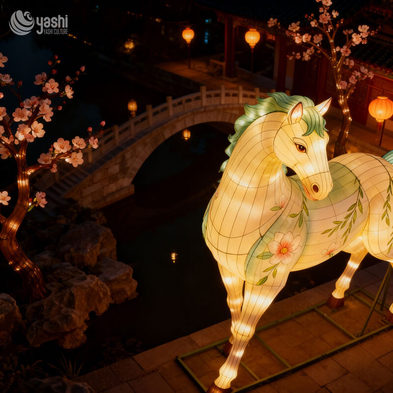 Custom Horse Lantern With Floral Willow Decor, Traditional Chinese Animal LED Light Sculpture for Spring Festival & Outdoor Light Festival