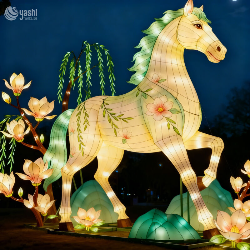 Custom Horse Lantern With Floral Willow Decor, Traditional Chinese Animal LED Light Sculpture for Spring Festival & Outdoor Light Festival