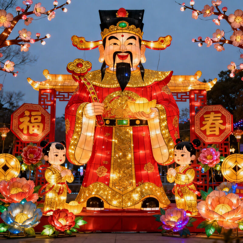Custom Chinese God of Wealth Zigong Lantern, Fortune God with Kids LED Light Sculpture, Waterproof Outdoor Spring Festival Light Installation