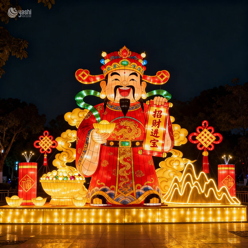 Custom Chinese God of Wealth Zigong Lantern, Fortune God with Kids LED Light Sculpture, Waterproof Outdoor Spring Festival Light Installation
