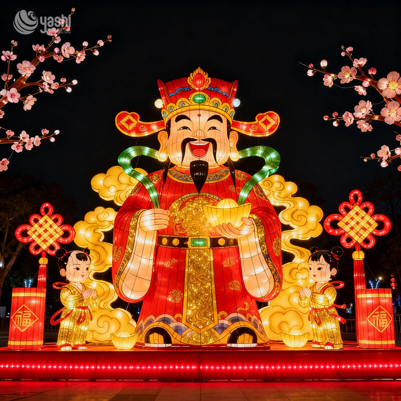 Custom Chinese God of Wealth Zigong Lantern, Fortune God with Kids LED Light Sculpture, Waterproof Outdoor Spring Festival Light Installation