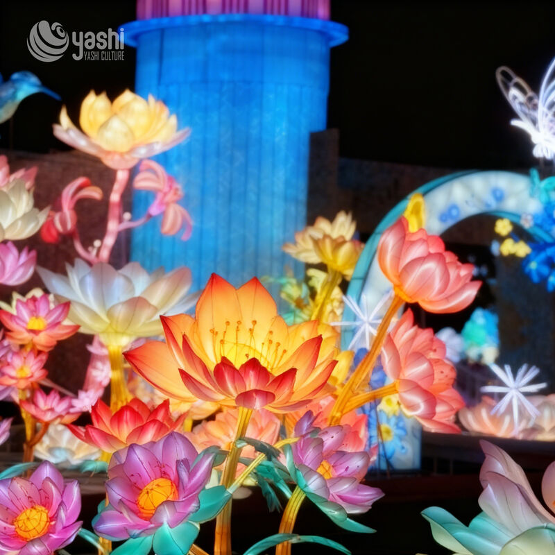 Custom Lotus Flower Lighthouse & Butterfly Arch LED Lantern Installation, Oriental Floral Light Sculpture for Garden Lantern Festival