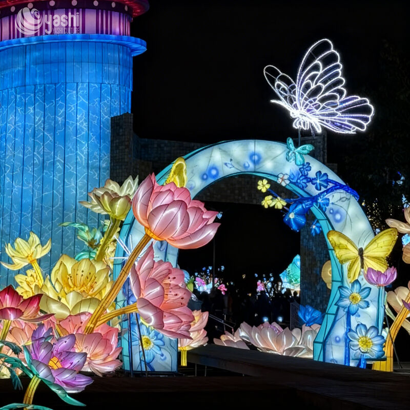 Custom Lotus Flower Lighthouse & Butterfly Arch LED Lantern Installation, Oriental Floral Light Sculpture for Garden Lantern Festival